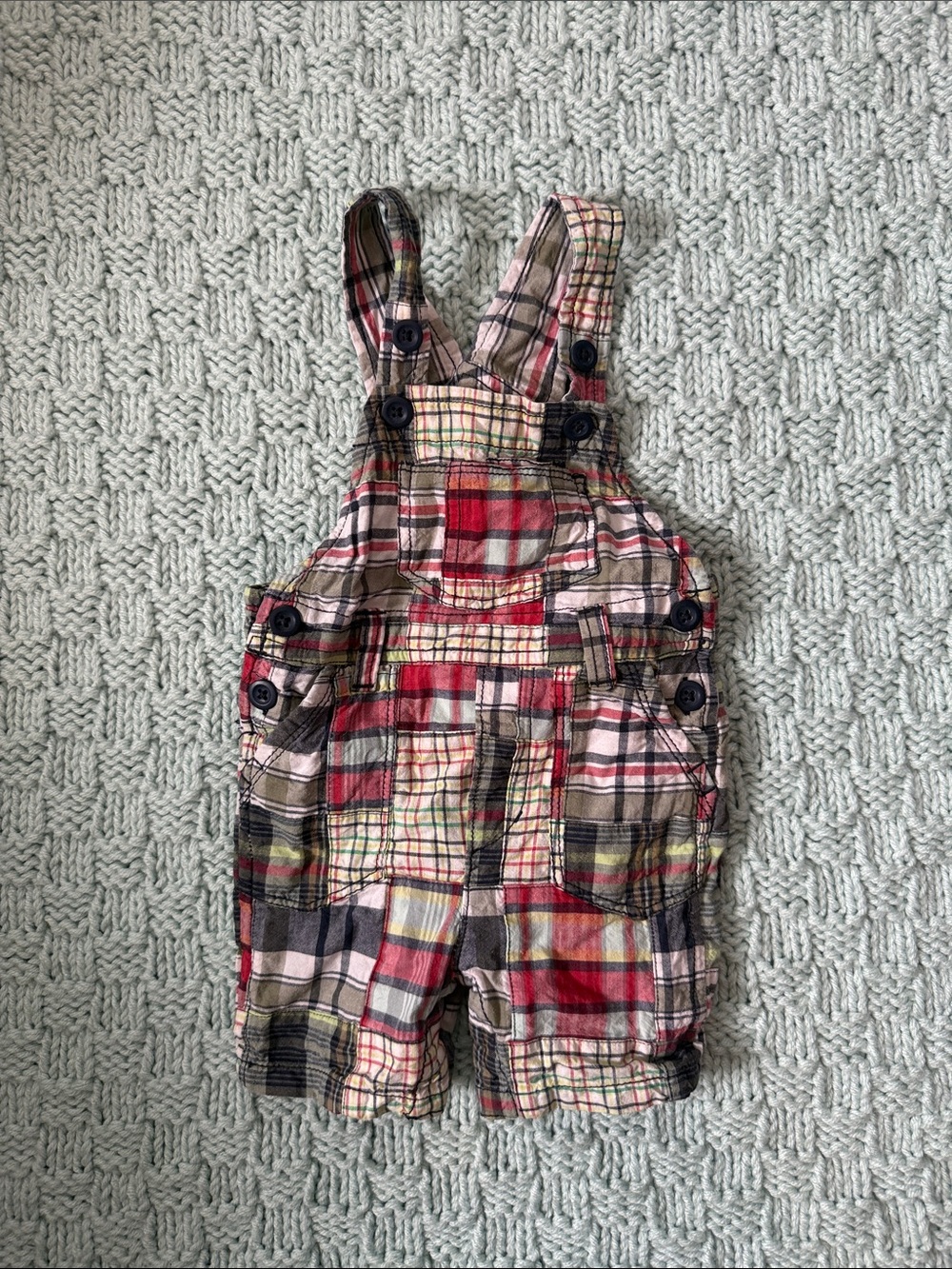GAP Baby Plaid Madras Cotton Overalls 3-6 months patchwork red navy shorts